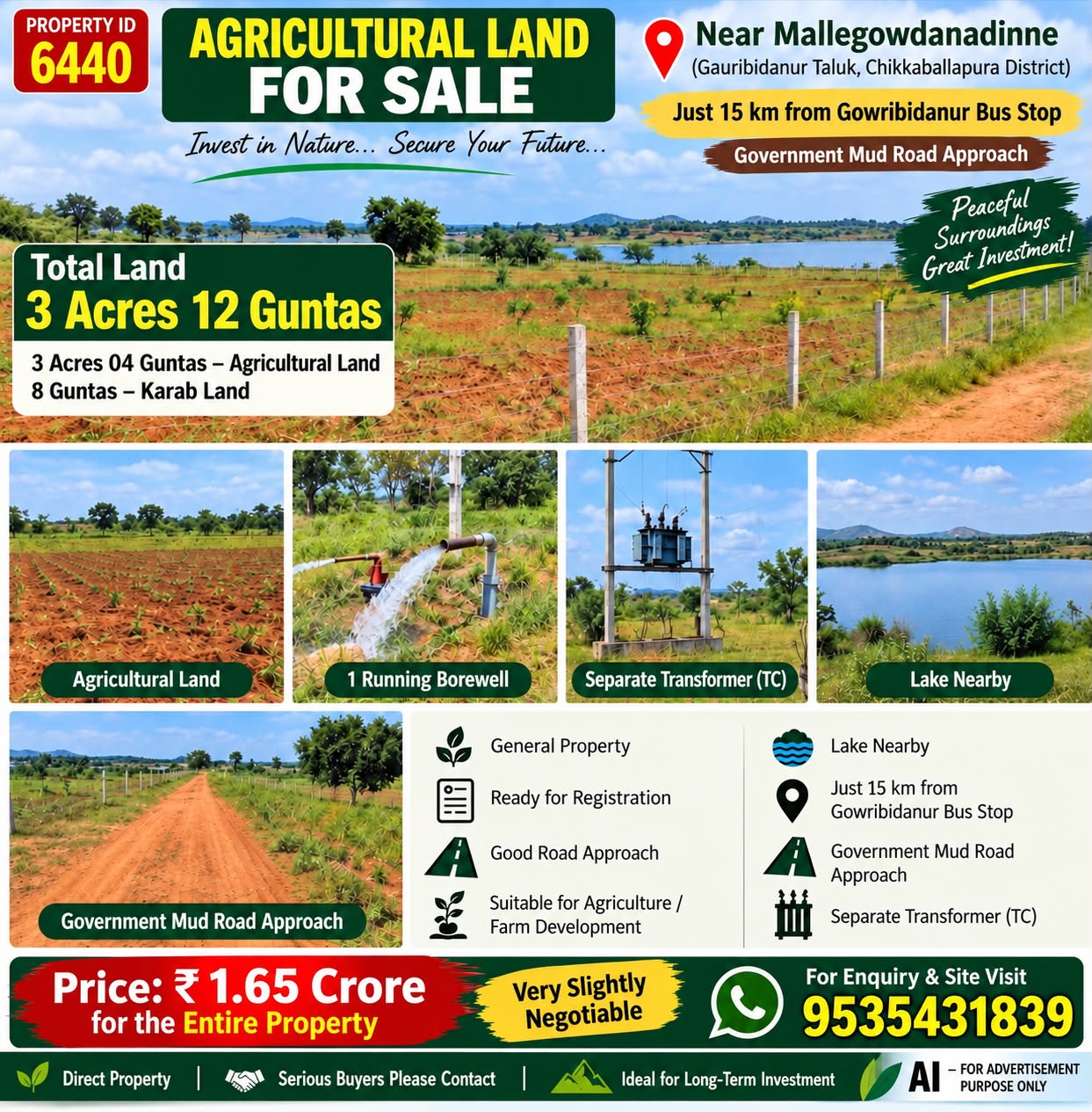 *PROPERTY ID – 6440*  🌿🏡 *3 ACRES 12 GUNTAS AGRICULTURAL LAND FOR SALE in GOWRIBIDNAUR
