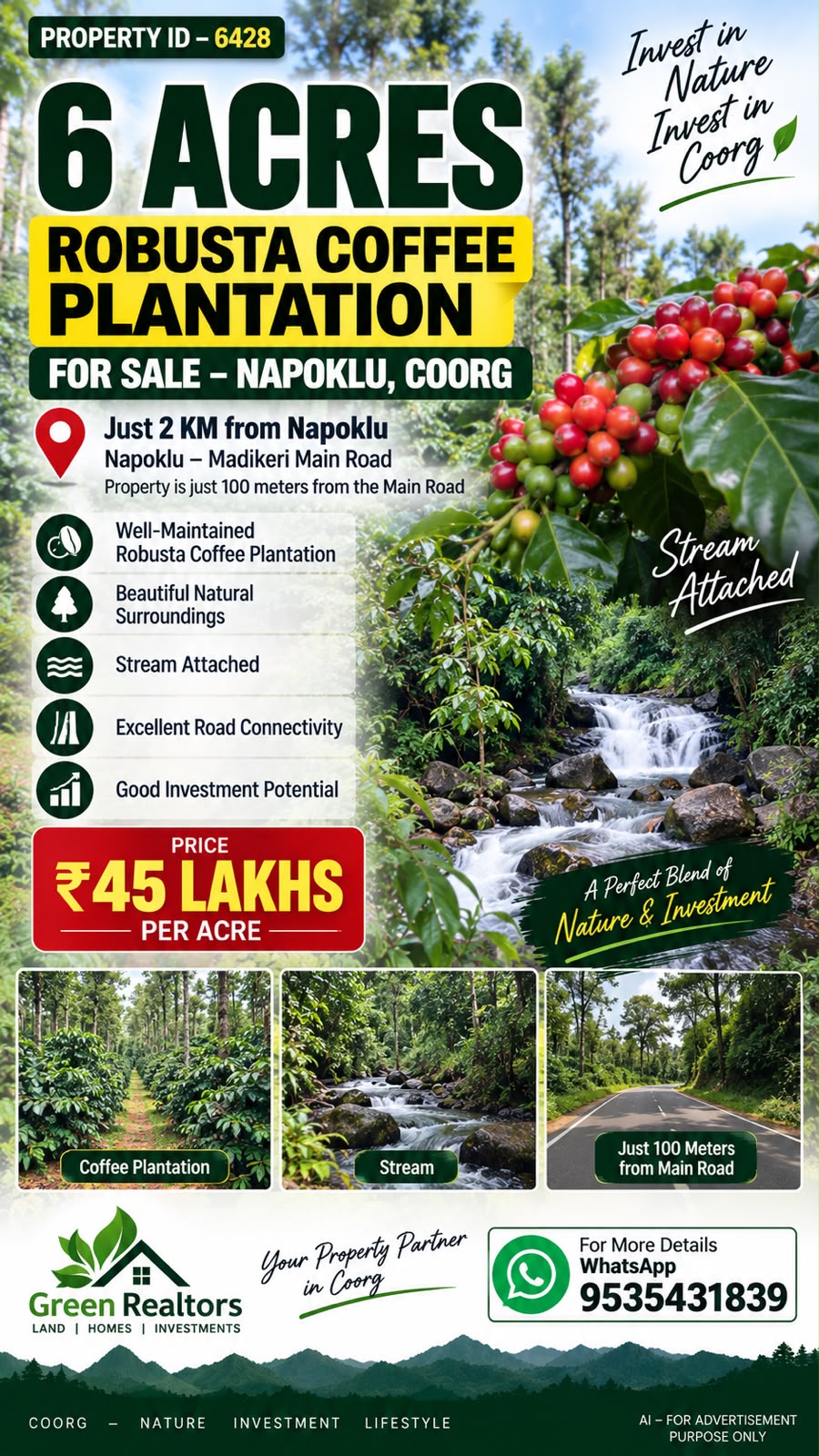  *PROPERTY ID – 6428*  🌿☕ *6 ACRES ROBUSTA COFFEE PLANTATION FOR SALE – NAPOKLU, COORG