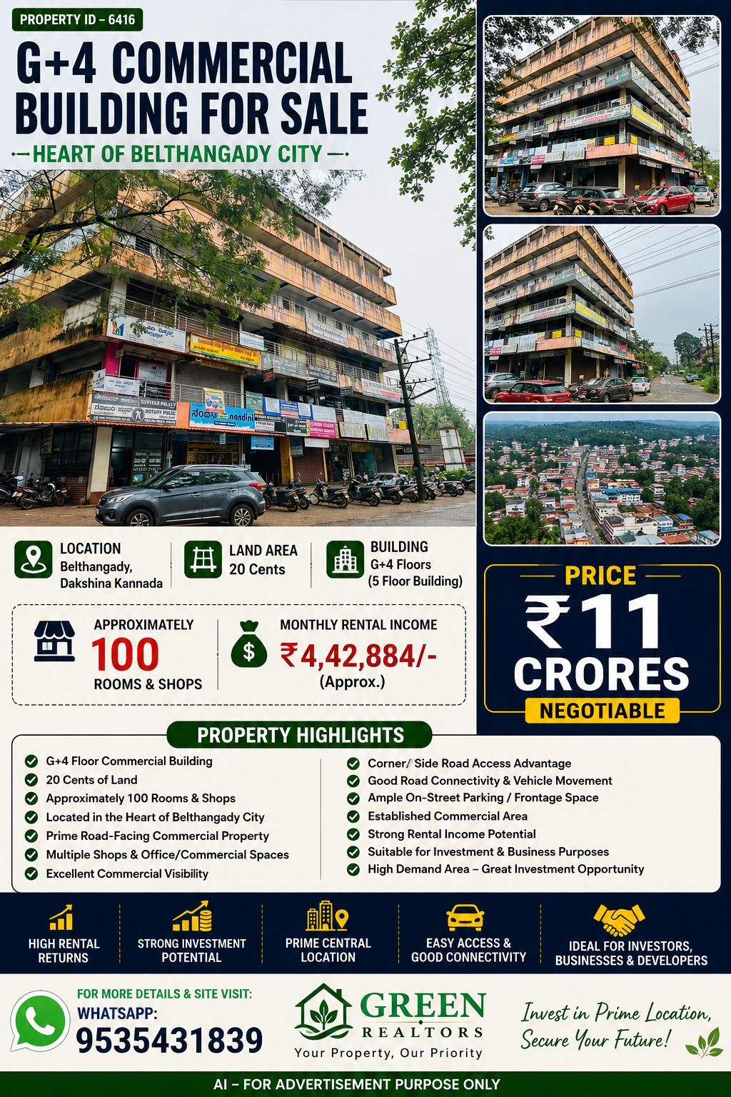 PROPERTY ID – 6416  🏢💰 G+4 COMMERCIAL BUILDING FOR SALE – HEART OF BELTHANGADY CITY 💰🏢