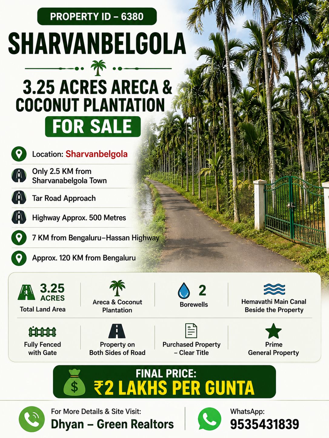 PROPERTY ID – 6380  🌴💧 3.25 ACRES ARECA & COCONUT PLANTATION FOR SALE – SHRAVANABELAGOLA