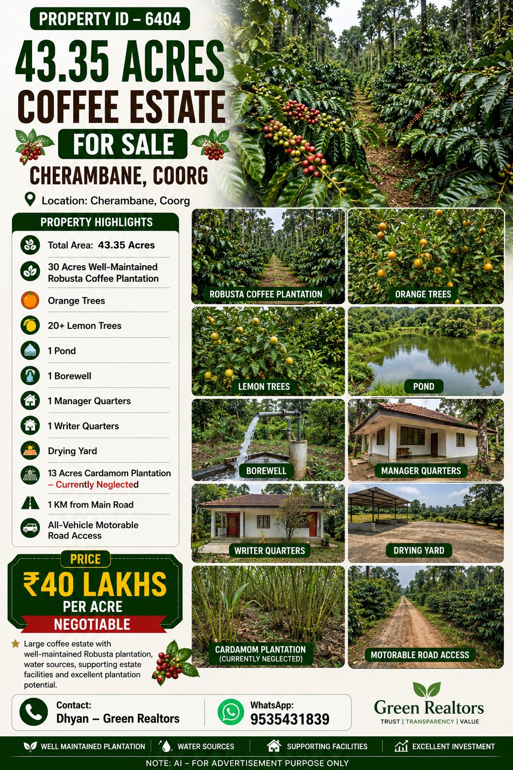  PROPERTY ID – 6404  ☕🌿 43.35 ACRES COFFEE ESTATE FOR SALE – CHERAMBANE, COORG 🌿☕
