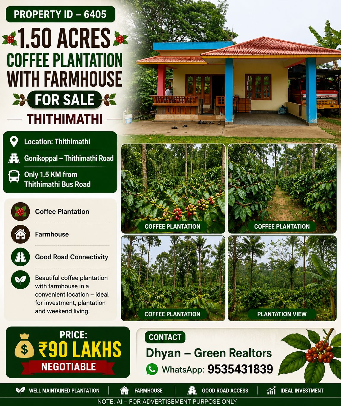  PROPERTY ID – 6405  ☕🏡🌿 1.50 ACRES COFFEE PLANTATION WITH FARMHOUSE FOR SALE – THITHIMATHI🌿🏡☕