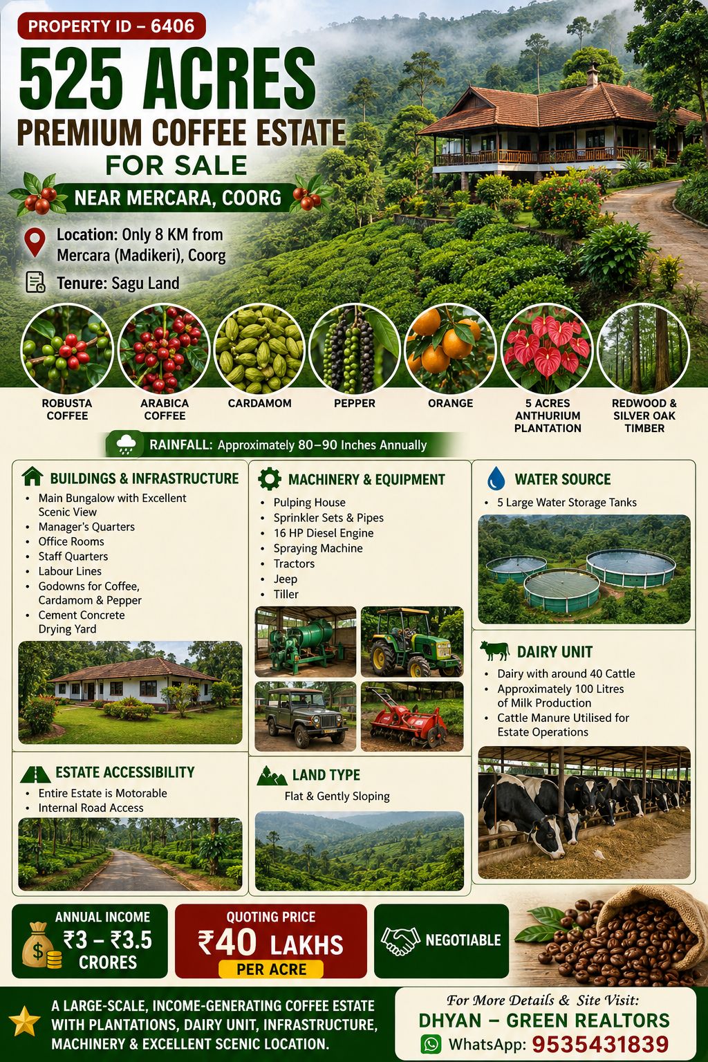 PROPERTY ID – 6406  ☕🌿 525 ACRES PREMIUM COFFEE ESTATE FOR SALE – NEAR MERCARA, COORG 🌿☕