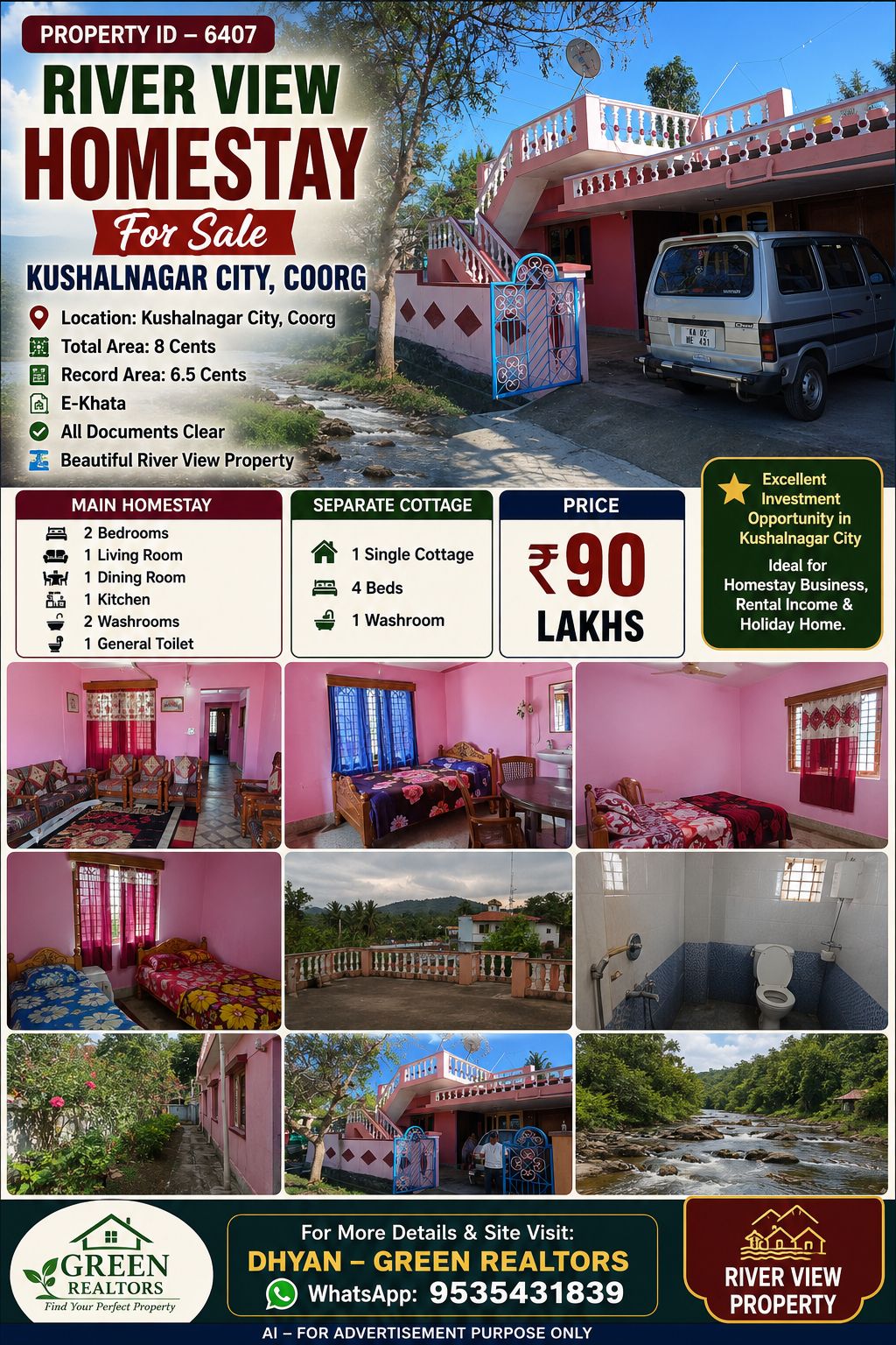 PROPERTY ID – 6407  🏡🌊 RIVER VIEW HOMESTAY FOR SALE – KUSHALNAGAR CITY, COORG 🌊🏡