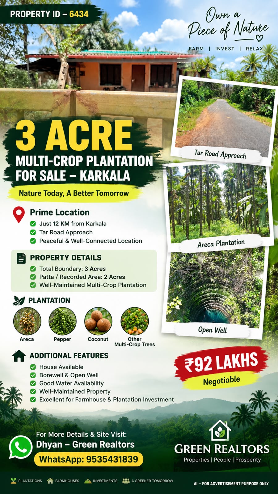 PROPERTY ID – 6434  🌴🌿 3 ACRE MULTI-CROP PLANTATION FOR SALE – KARKALA🌿🌴
