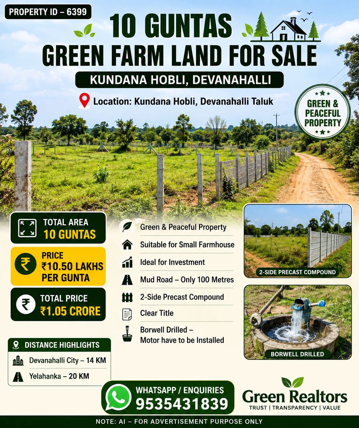 PROPERTY ID – 6399*  🌿🏡 *10 GUNTAS GREEN FARM LAND FOR SALE – KUNDANA HOBLI, DEVANAHALLI*