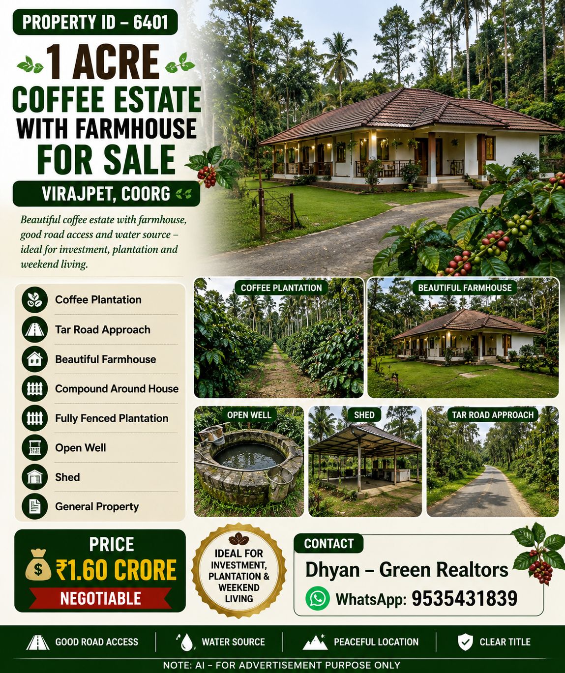 🆔 *PROPERTY ID – 6401*  ☕🏡🌿 *1 ACRE COFFEE ESTATE WITH FARMHOUSE FOR SALE – VIRAJPET, COORG