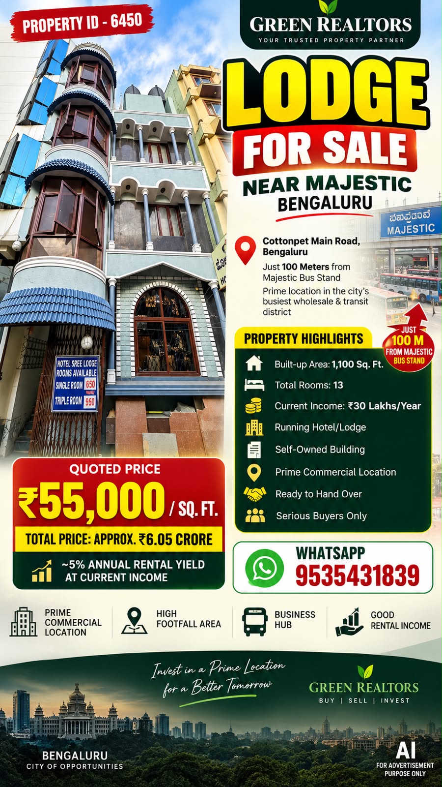 🆔 *PROPERTY ID – 6450*  🏨 *LODGE – FOR SALE NEAR MAJESTIC, BENGALURU