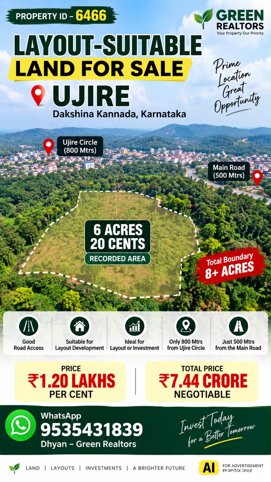 🆔 *PROPERTY ID – 6466*  🏡🌿 *LAYOUT SUITABLE LAND FOR SALE – UJIRE* 🌿🏡
