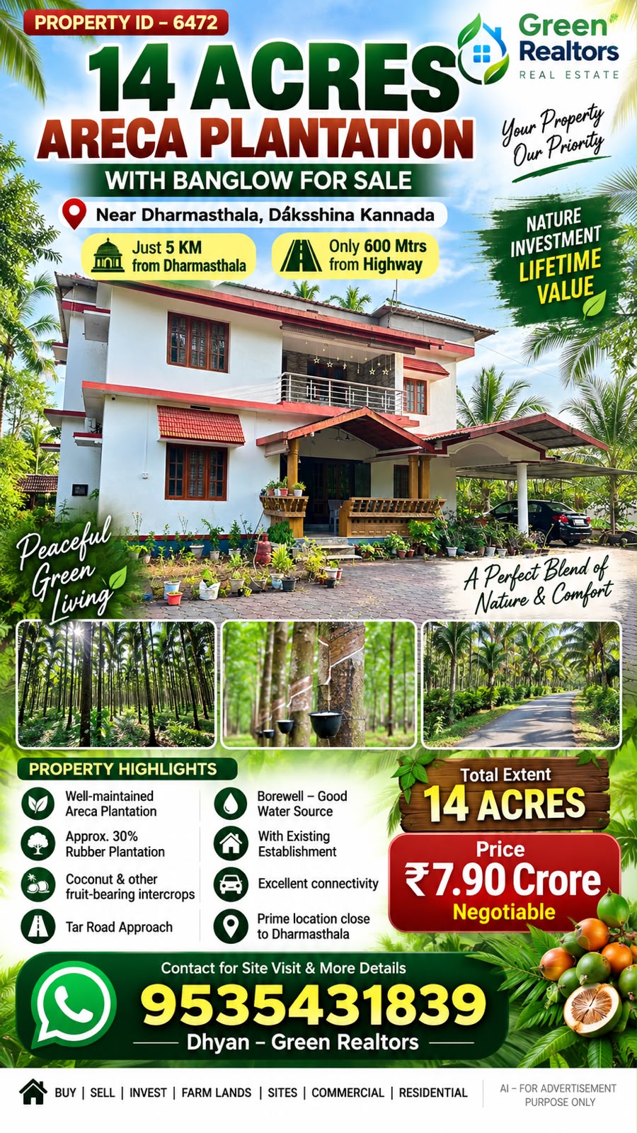 🆔 *PROPERTY ID –6472*  🌴🌿 *14 ACRES WELL-MAINTAINED ARECA PLANTATION FOR SALE – DHARMASTHALA WITH BANGLOW* 🌿🌴