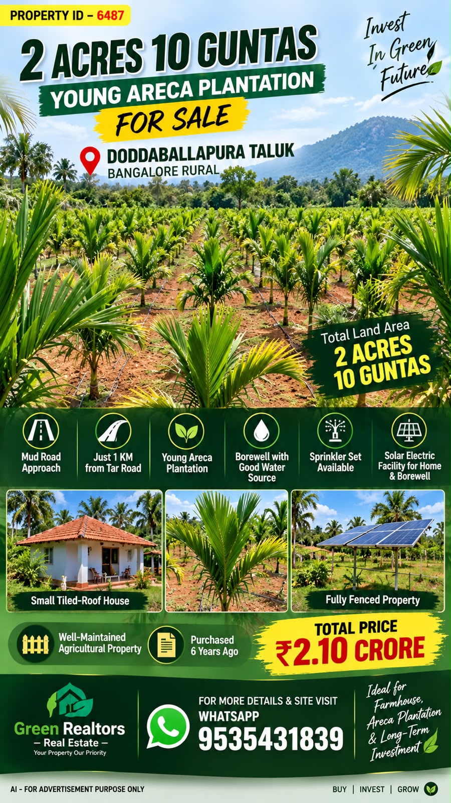 🆔 *PROPERTY ID – 6487*  🌴🏡 *2 ACRES 10 GUNTAS YOUNG ARECA PLANTATION FOR SALE –* *DODDABALLAPURA TALUK, BANGALORE RURAL* 🏡🌴