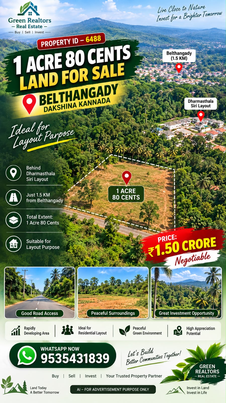 🆔 *PROPERTY ID – 6488*  🌿🏡 *1 ACRE 80 CENTS LAND FOR SALE – BELTHANGADY, DAKSHINA KANNADA* 🏡🌿