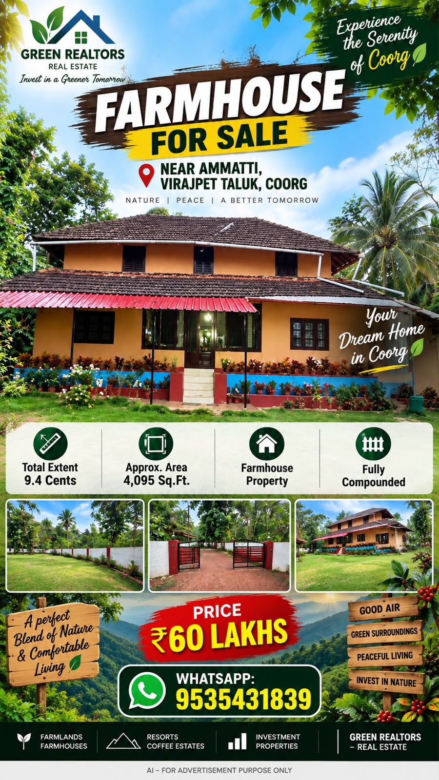 🆔 *PROPERTY ID –6492*  🏡🌿 *FARMHOUSE FOR SALE – NEAR AMMATTI, VIRAJPET TALUK, COORG* 🌿🏡