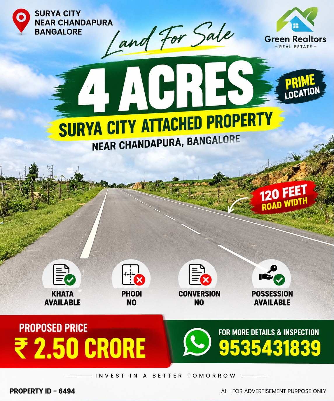 🆔 *PROPERTY ID – 6494*  🌿🏡 *4 ACRES SURYA CITY ATTACHED PROPERTY FOR SALE – NEAR CHANDAPURA, BANGALORE 🏡🌿*