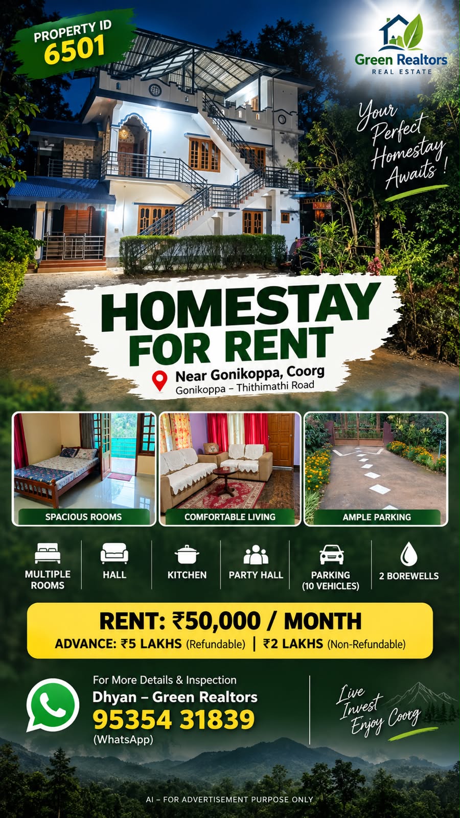 🆔 *PROPERTY ID – 6501*  🏡🌿 *HOMESTAY / PROPERTY FOR RENT – VERY NEAR GONIKOPPA, COORG* 🌿🏡