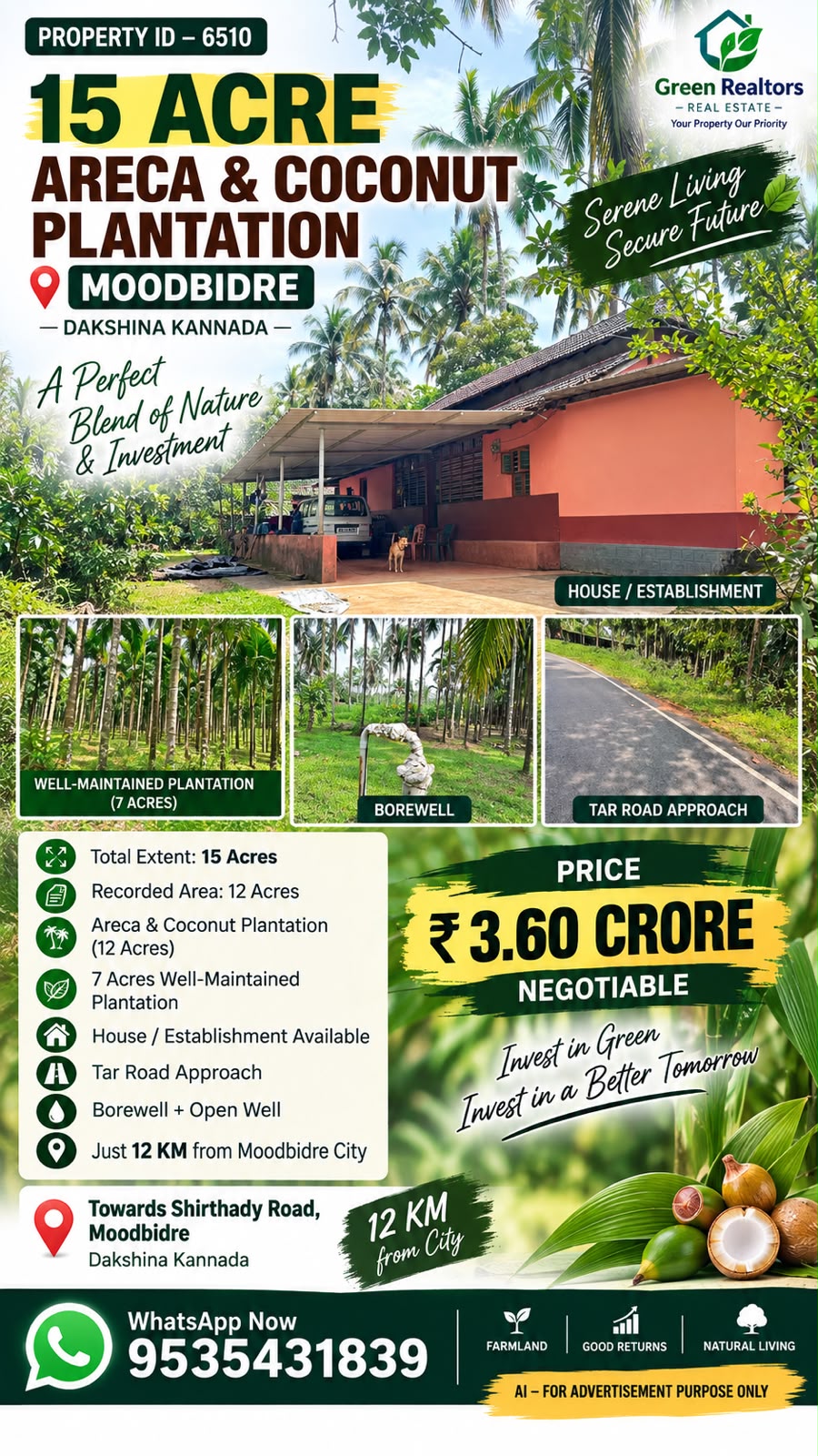 🆔 *PROPERTY ID – 6510*  🌴 *15 ACRE ARECA & COCONUT PLANTATION FOR SALE – MOODBIDRE,* *DAKSHINA KANNADA*