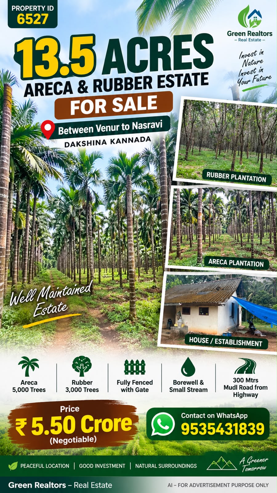 🆔 *PROPERTY ID – 6527*  🌴🌿 *13.5 ACRES WELL-MAINTAINED ARECA & RUBBER ESTATE FOR SALE – DAKSHINA KANNADA*