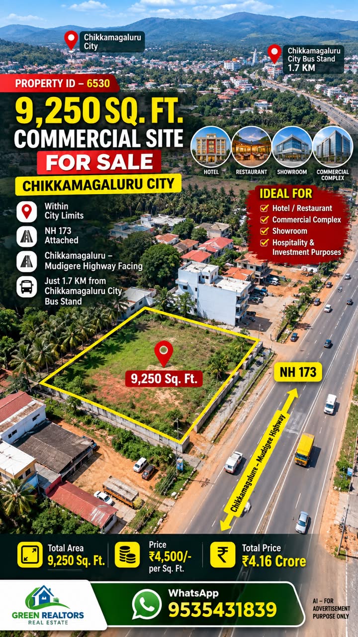 🆔 *PROPERTY ID – 6530*  🏢🛣️ *9,250 SQ. FT. COMMERCIAL SITE FOR SALE – CHIKKAMAGALURU CITY*
