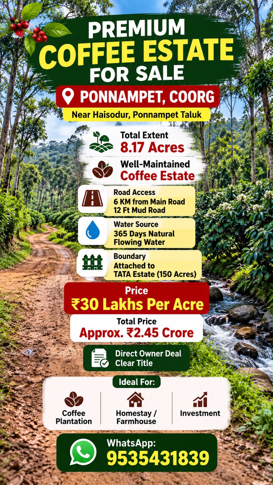 🆔 *PROPERTY ID – 6551*  ☕🌿 *PREMIUM COFFEE ESTATE FOR SALE – PONNAMPET, COORG*