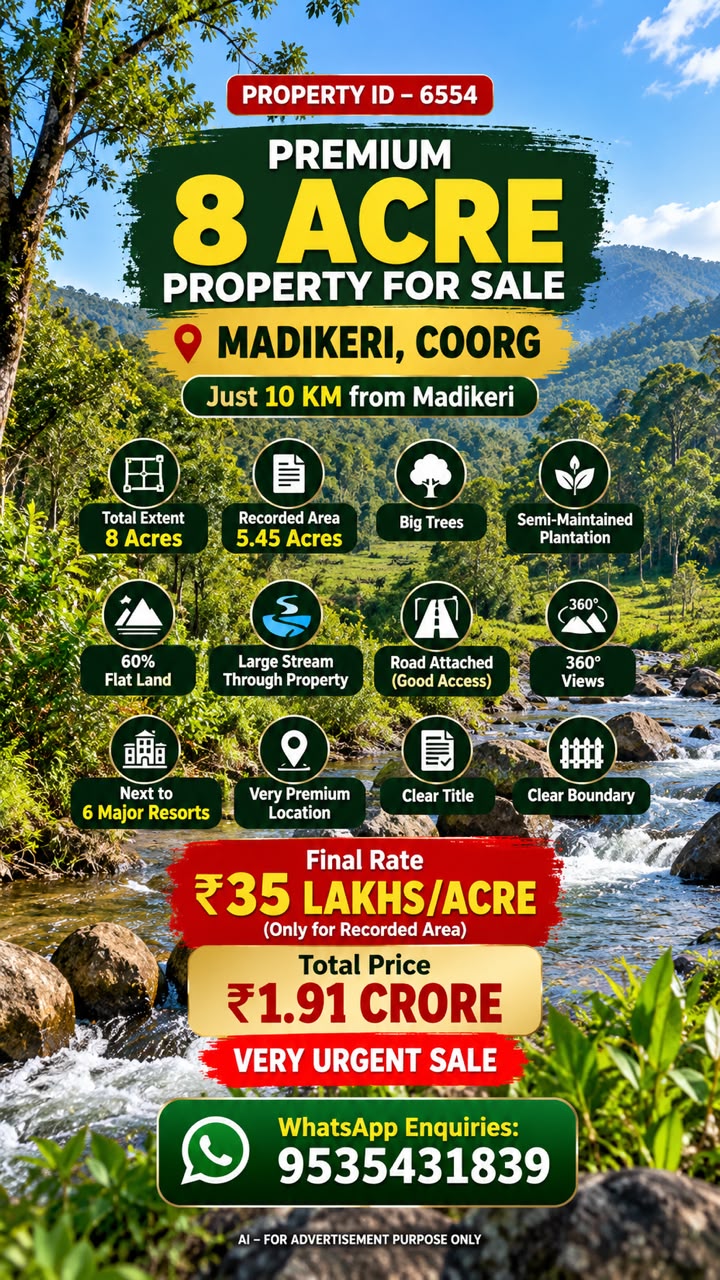 🆔 *PROPERTY ID – 6554*  🌿🏞️ *PREMIUM 8-ACRE PROPERTY FOR SALE – MADIKERI, COORG*