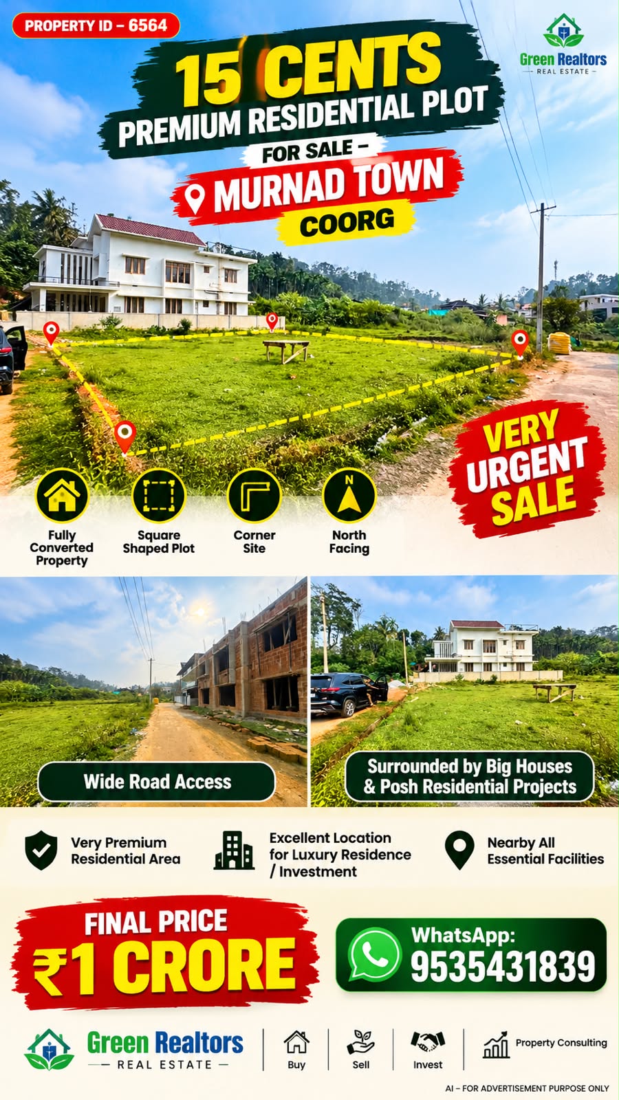🆔 *PROPERTY ID – 6564*  🏡✨ *15 CENTS PREMIUM RESIDENTIAL PLOT FOR SALE – MURNAD TOWN, COORG*