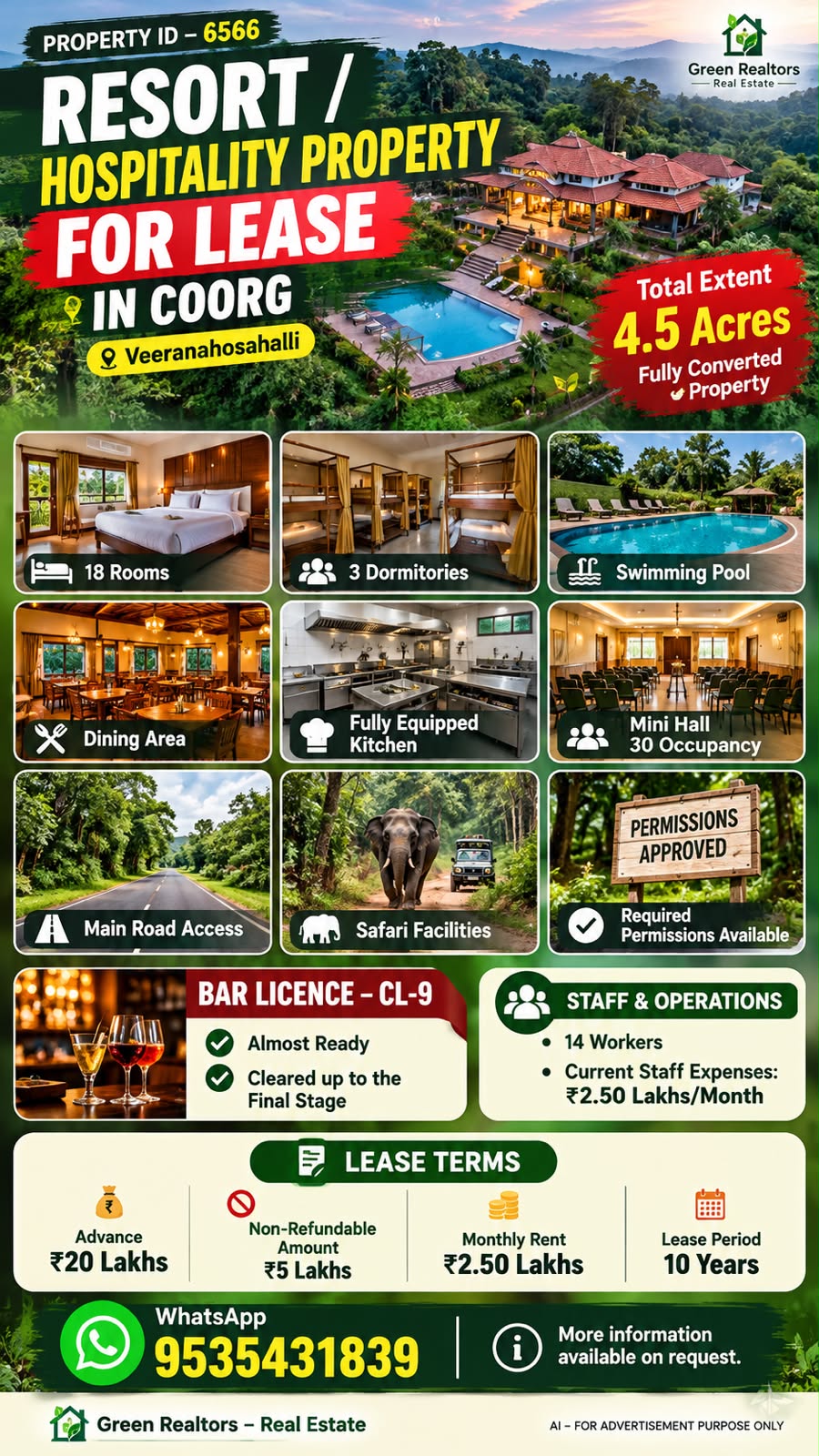 🆔 *PROPERTY ID – 6566*  🌿🏡 RESORT / HOSPITALITY PROPERTY FOR LEASE in COORG