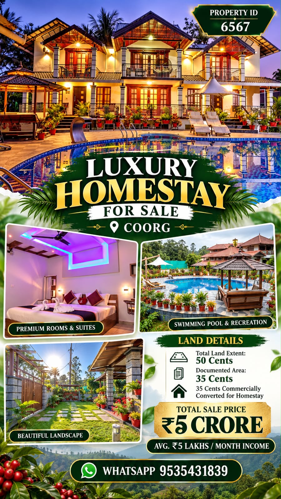 🆔 *PROPERTY ID – 6567*  🌴🏡 *LUXURY POOL-VIEW DUPLEX VILLA & HOMESTAY FOR SALE in COORG*