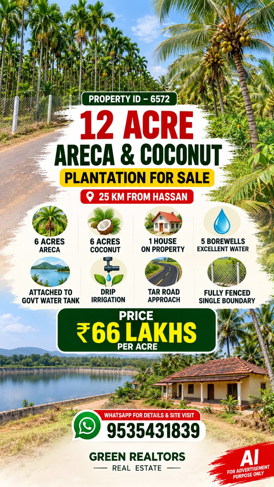 🆔 *PROPERTY ID – 6572*  🌴🌿 *12-ACRE ARECA & COCONUT PLANTATION FOR SALE – HASSAN*