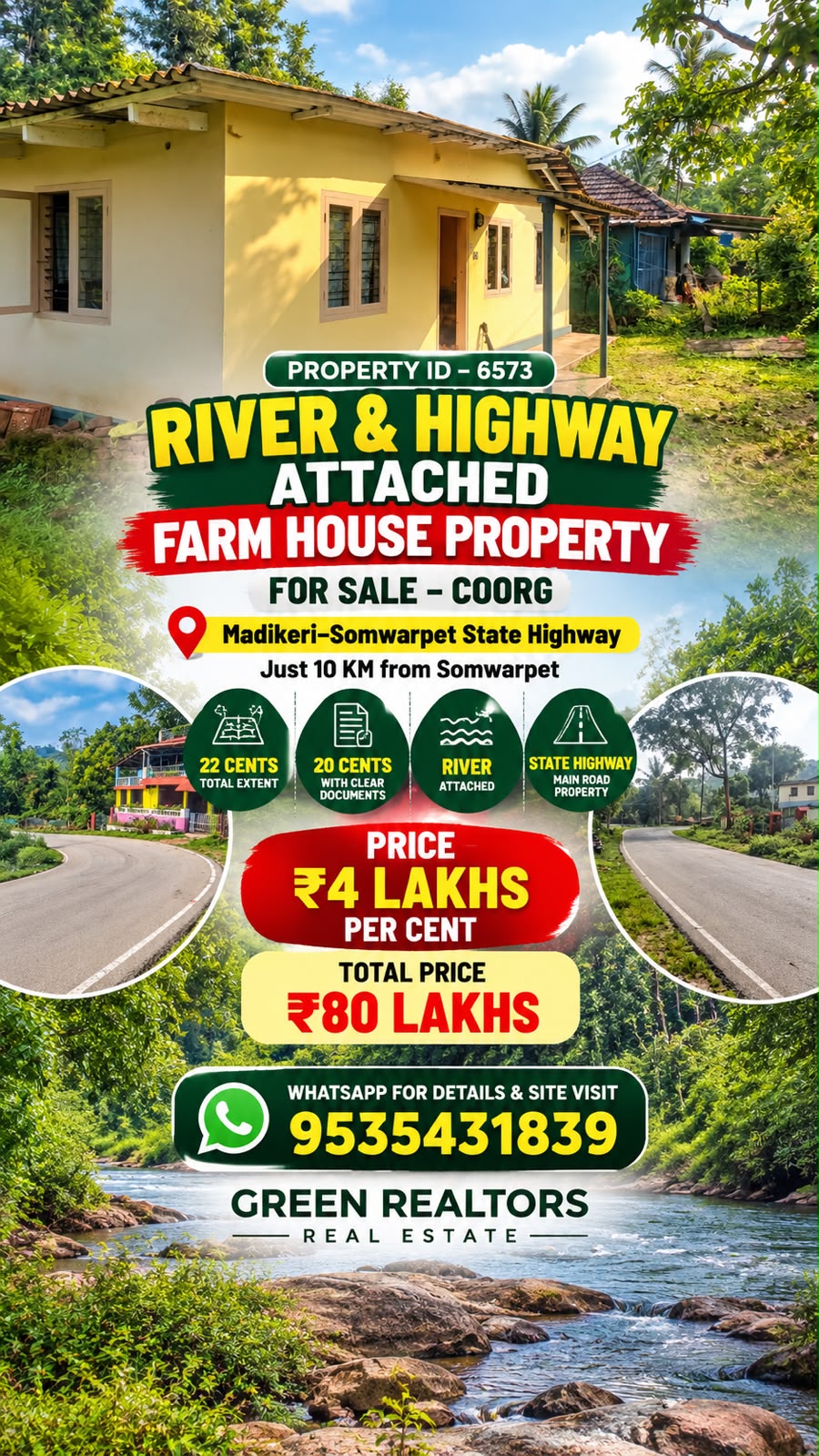 🆔 *PROPERTY ID – 6573*  🌊🏞️ *RIVER & HIGHWAY ATTACHED FARM HOUSE PROPERTY FOR SALE – , COORG*