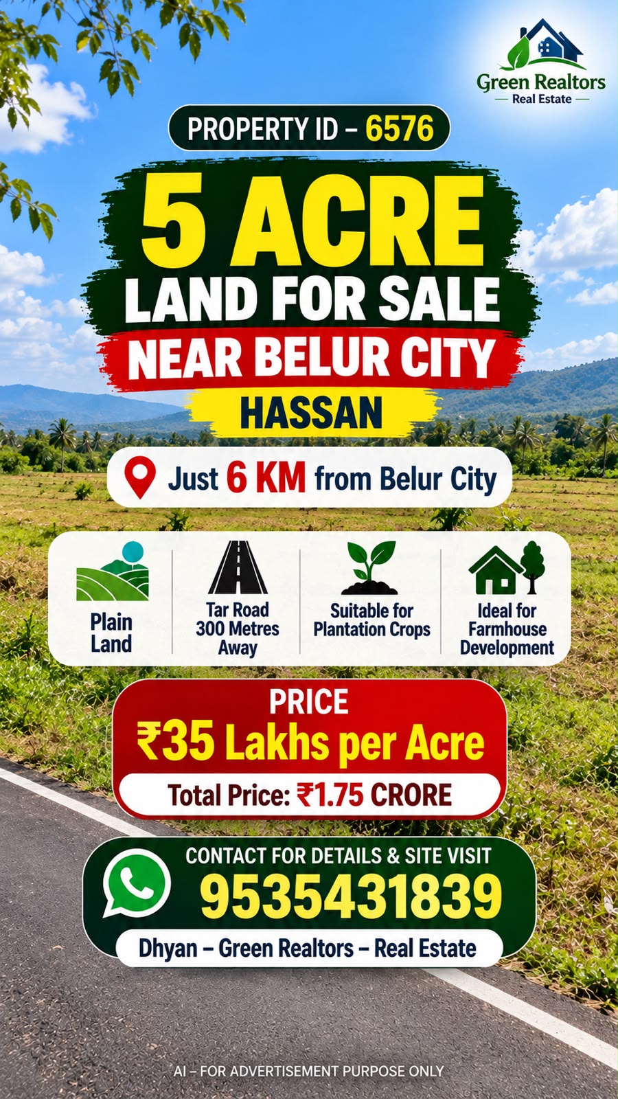 🆔 *PROPERTY ID – 6576*  🌿🏡 *5-ACRE LAND FOR SALE – NEAR BELUR CITY* *HASSAN*