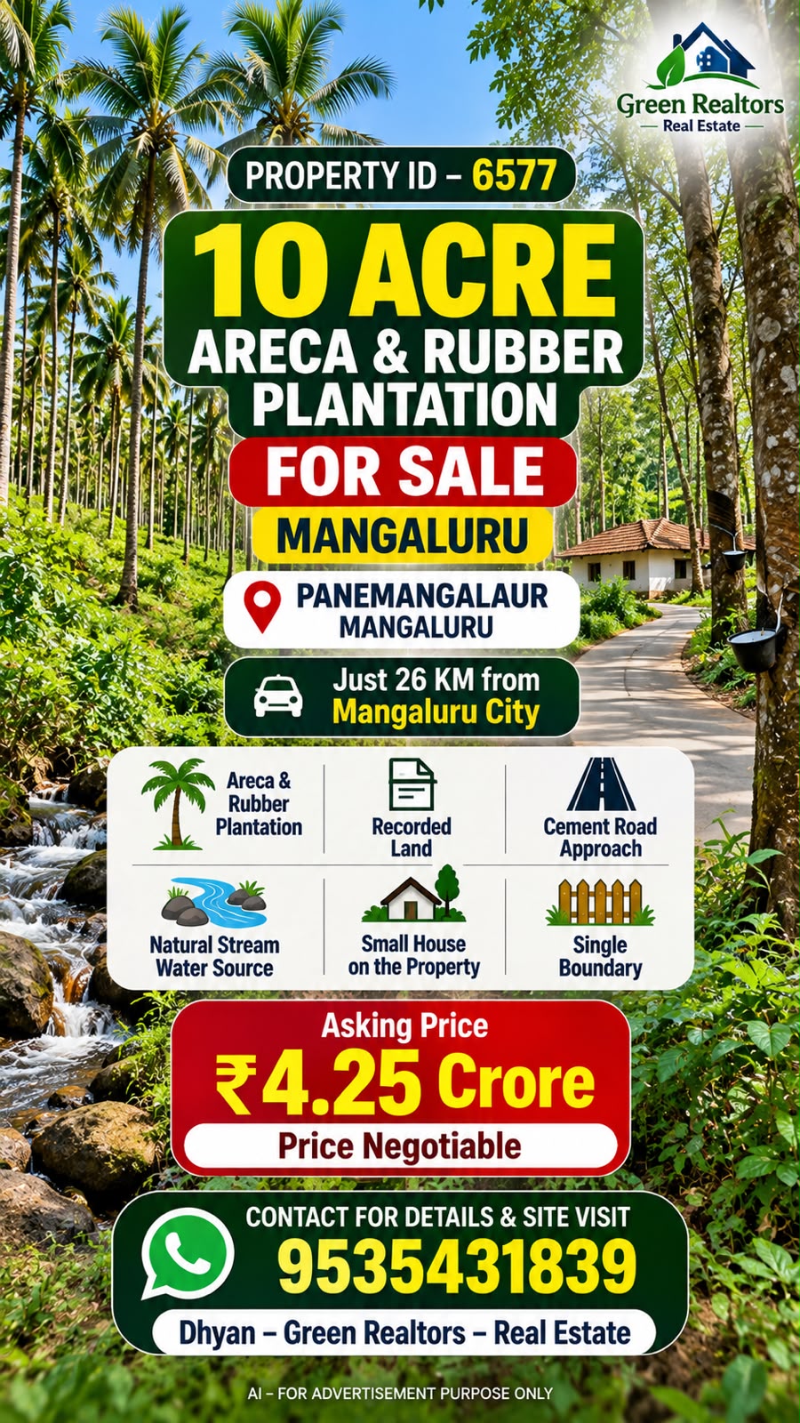 🆔 *PROPERTY ID – 6577*  🌴🌿 *10-ACRE ARECA & RUBBER PLANTATION FOR SALE – MANGALURU*