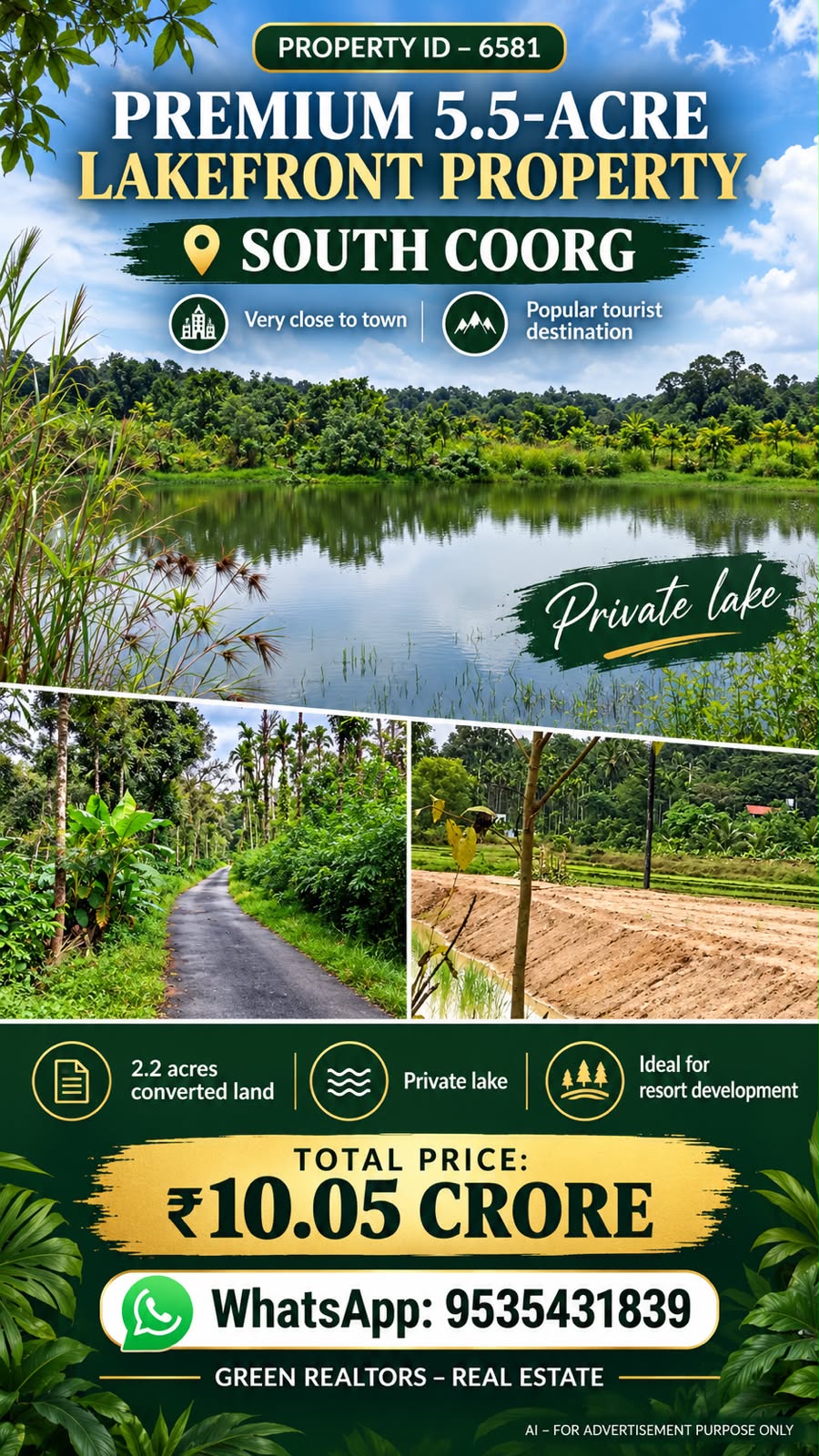 🆔 *PROPERTY ID – 6581*  🌿🏞️ *PREMIUM 5.5-ACRE LAKEFRONT PROPERTY FOR SALE – SOUTH COORG* 🌿