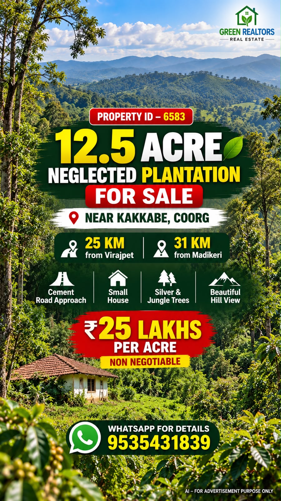 🆔 *PROPERTY ID – 6583*  🌿🏞️ *12.5-ACRE NEGLECTED PLANTATION FOR SALE – KAKKABE, COORG 🌳*