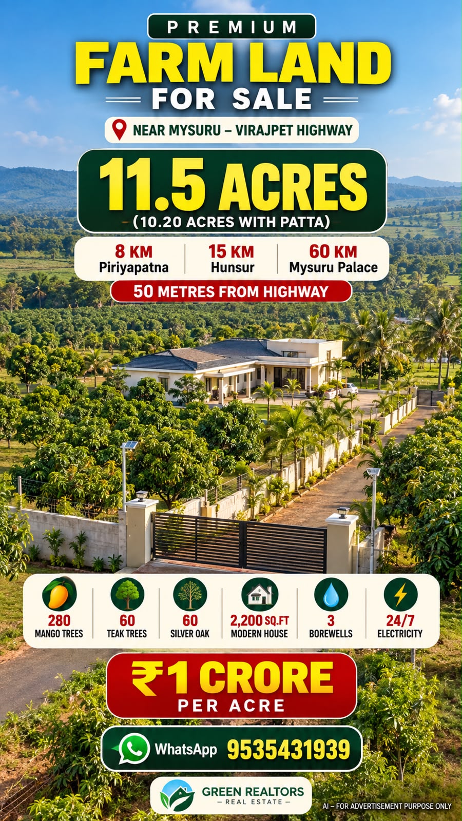 🆔 *PROPERTY ID – 6584*  🌿🏡 *PREMIUM 11.5-ACRE FARM LAND WITH MODERN HOUSE FOR SALE – MYSURU REGION* 🌴✨
