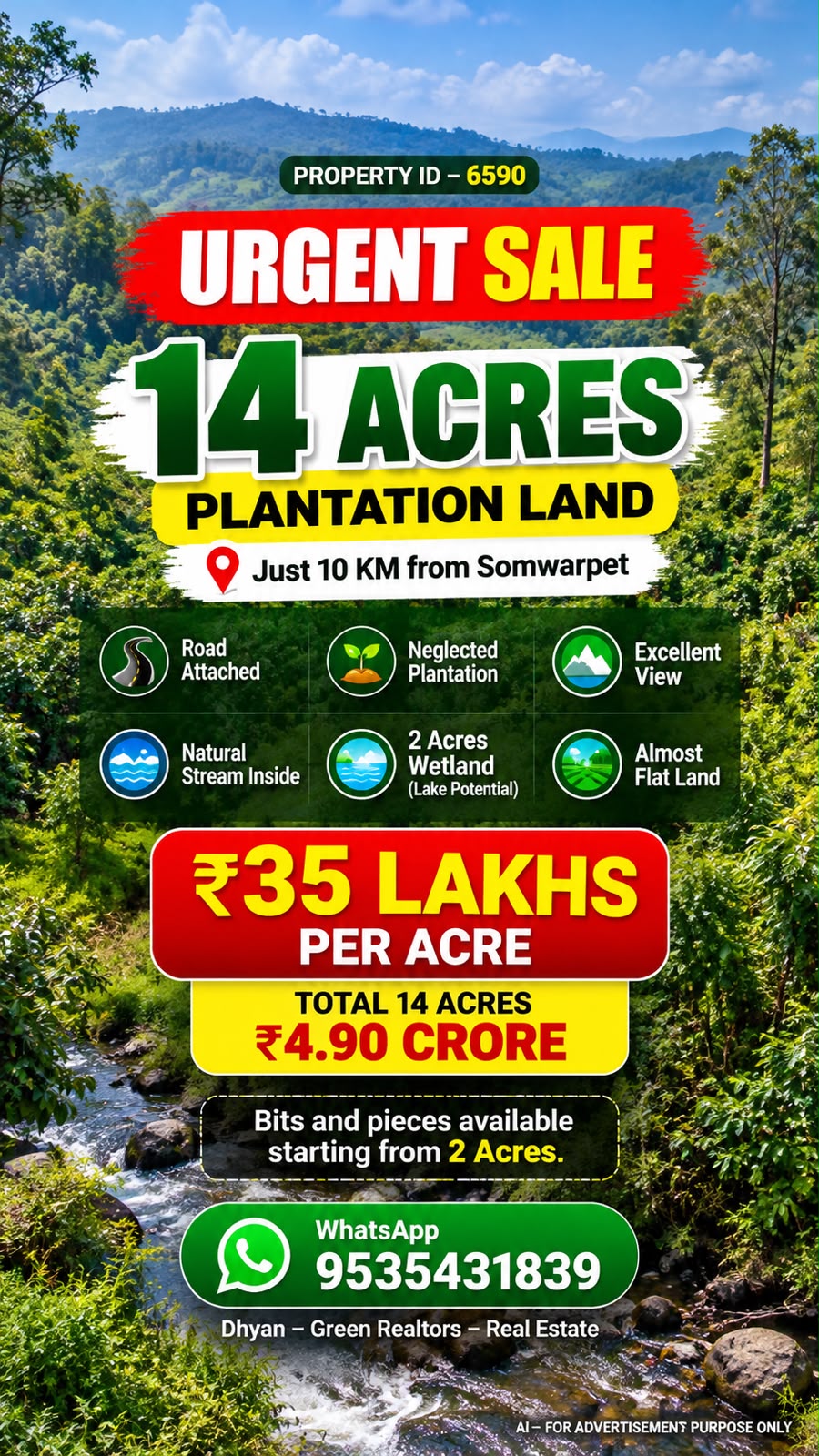 🆔 *PROPERTY ID – 6590*  🌿🏞️ *URGENT SALE – 14 ACRES PLANTATION LAND NEAR SOMWARPET*