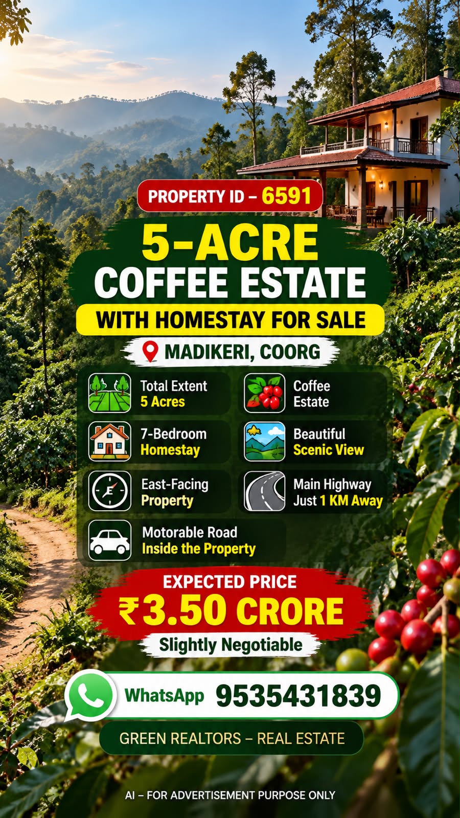 🆔 *PROPERTY ID – 6591*  🌿🏡 *5-ACRE COFFEE ESTATE WITH HOMESTAY FOR SALE – MADIKERI, COORG*