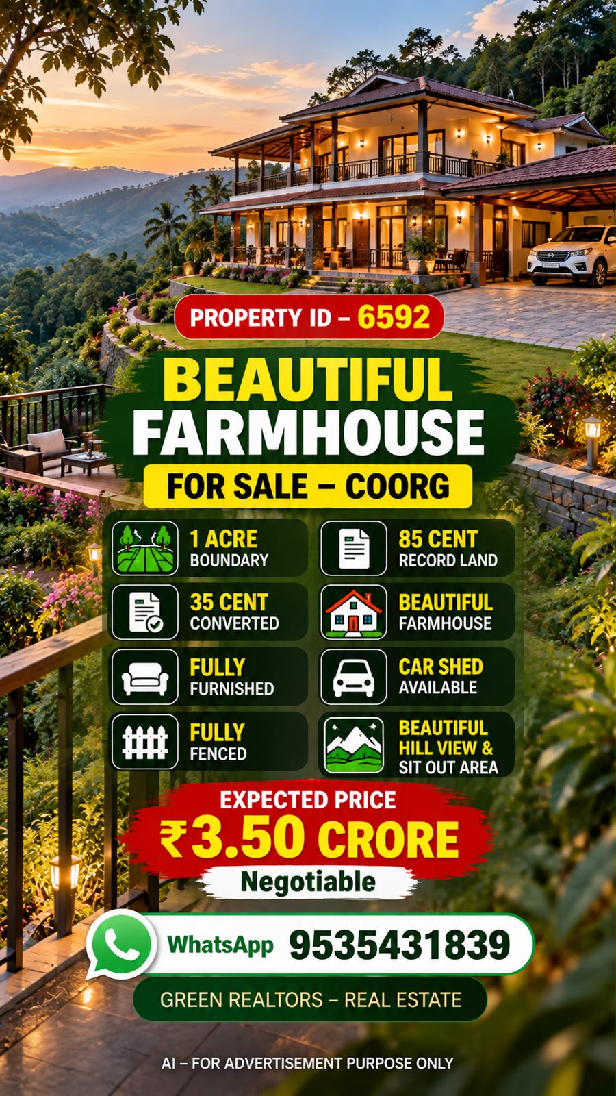 🆔 *PROPERTY ID – 6592*  🏡🌿 *BEAUTIFUL FARMHOUSE FOR SALE – COORG*