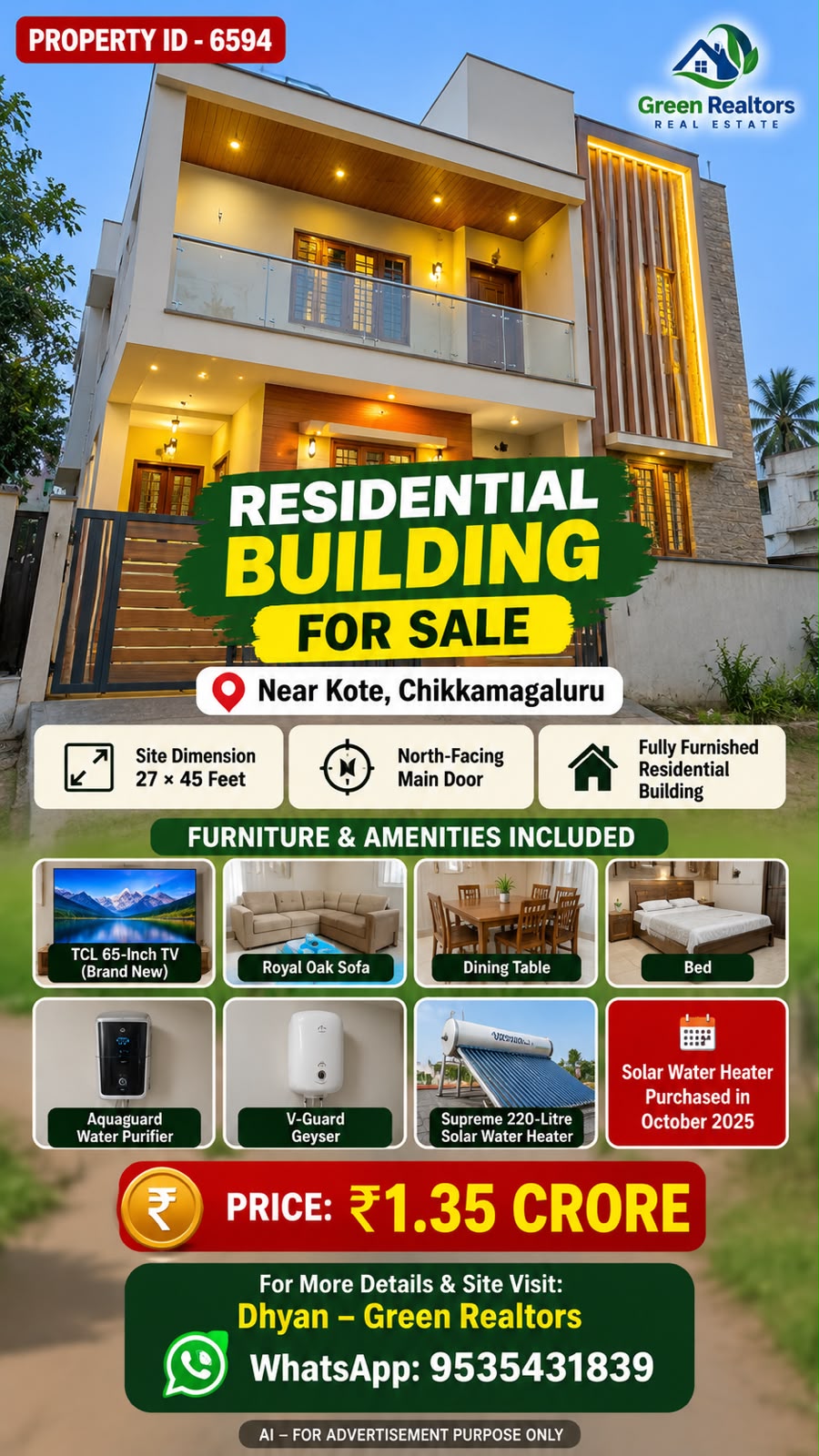 🆔 *PROPERTY ID – 6594*  🏡 *RESIDENTIAL BUILDING FOR SALE – CHIKKAMAGALURU*  📍 *Location: Near Kote, Chikkamagaluru*