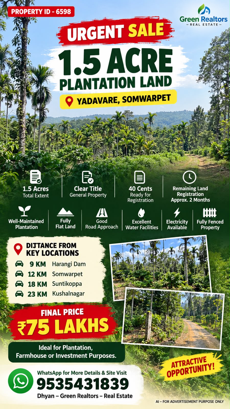 🆔 *PROPERTY ID – 6598*  🌿🏡 *URGENT SALE – 1.5-ACRE PREMIUM PLANTATION LAND*