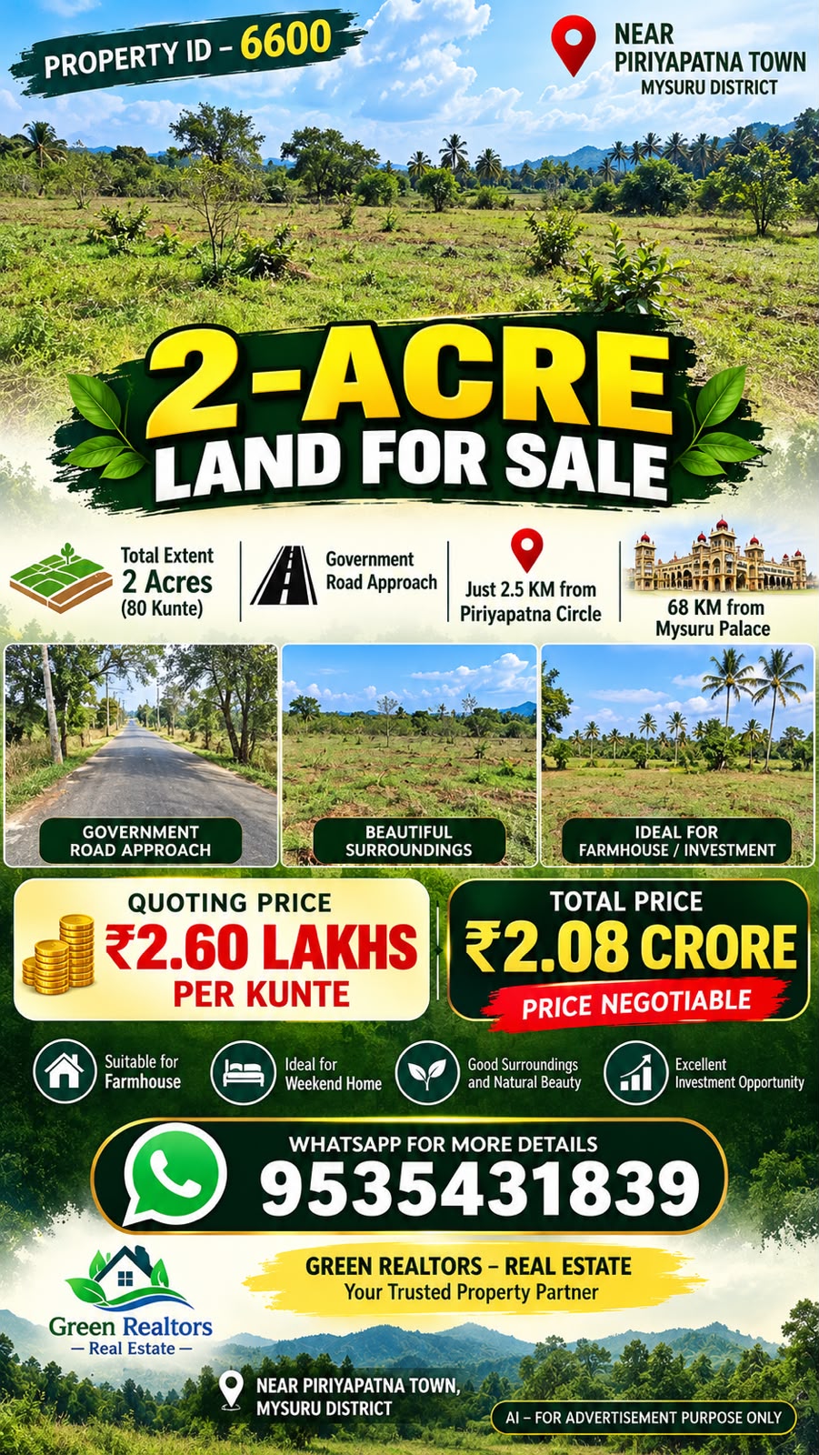 🆔 *PROPERTY ID – 6600*  🌿🏡 *2-ACRE LAND FOR SALE*