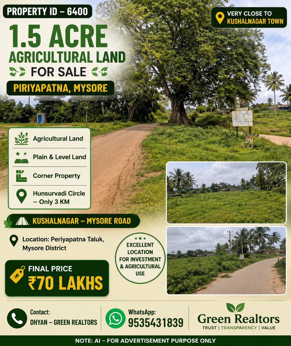 🆔 *PROPERTY ID – 6400*  🌿🛣️ *1.5 ACRE AGRICULTURAL LAND FOR SALE – PIRIYAPATNA , MYSORE