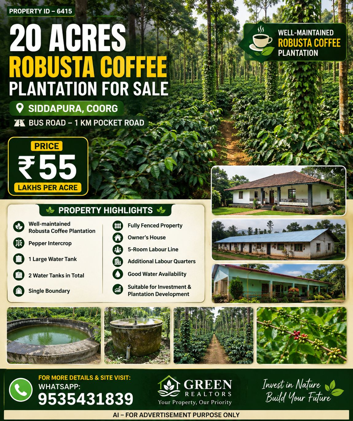 🆔 *PROPERTY ID – 6415*  ☕🌿 *20 ACRES WELL-MAINTAINED ROBUSTA COFFEE PLANTATION FOR SALE – SIDDAPURA, COORG*