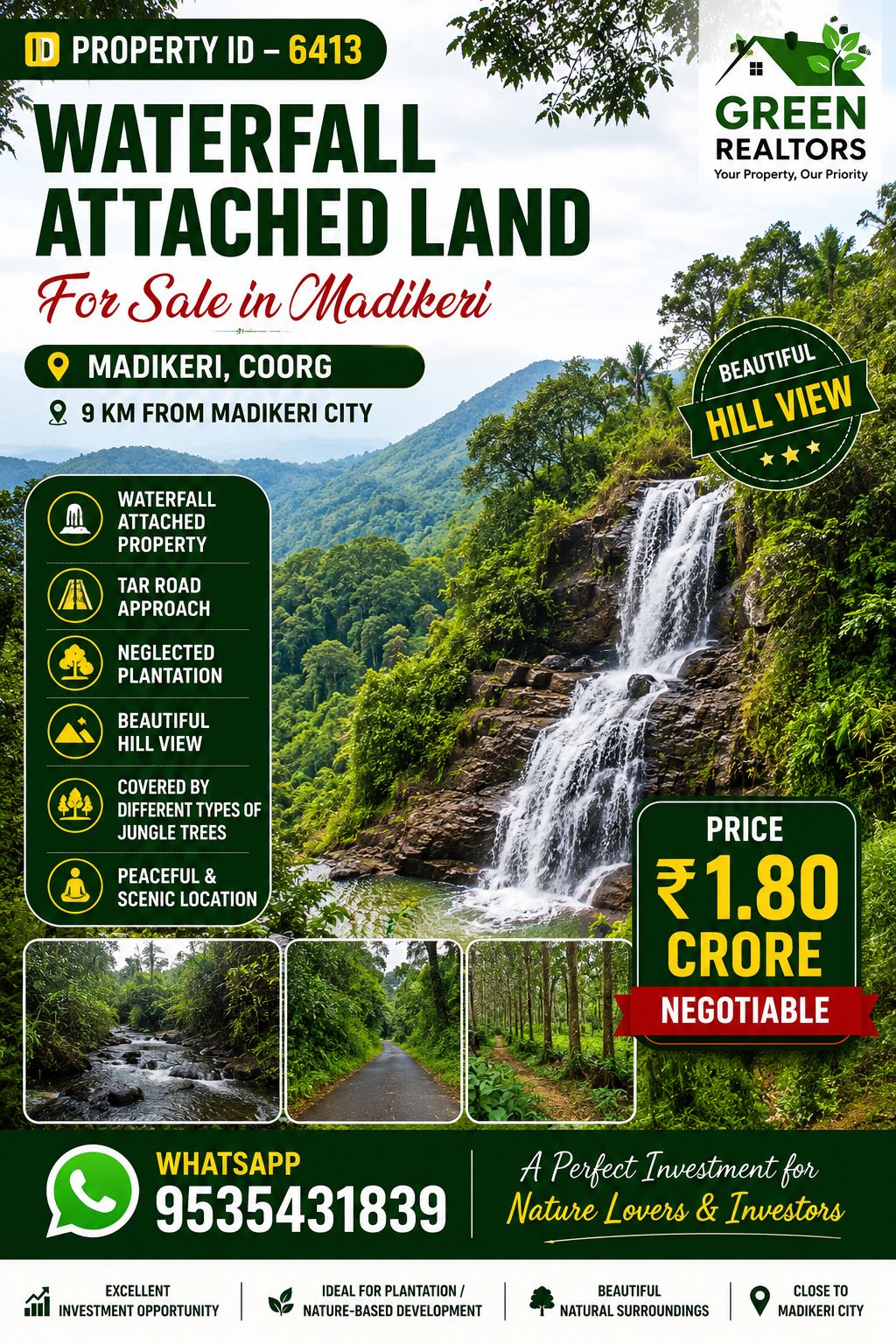 🆔 *PROPERTY ID – 6413*  🌿💦 *WATERFALL-ATTACHED 4.5ACRE LAND FOR SALE – MADIKERI, COORG