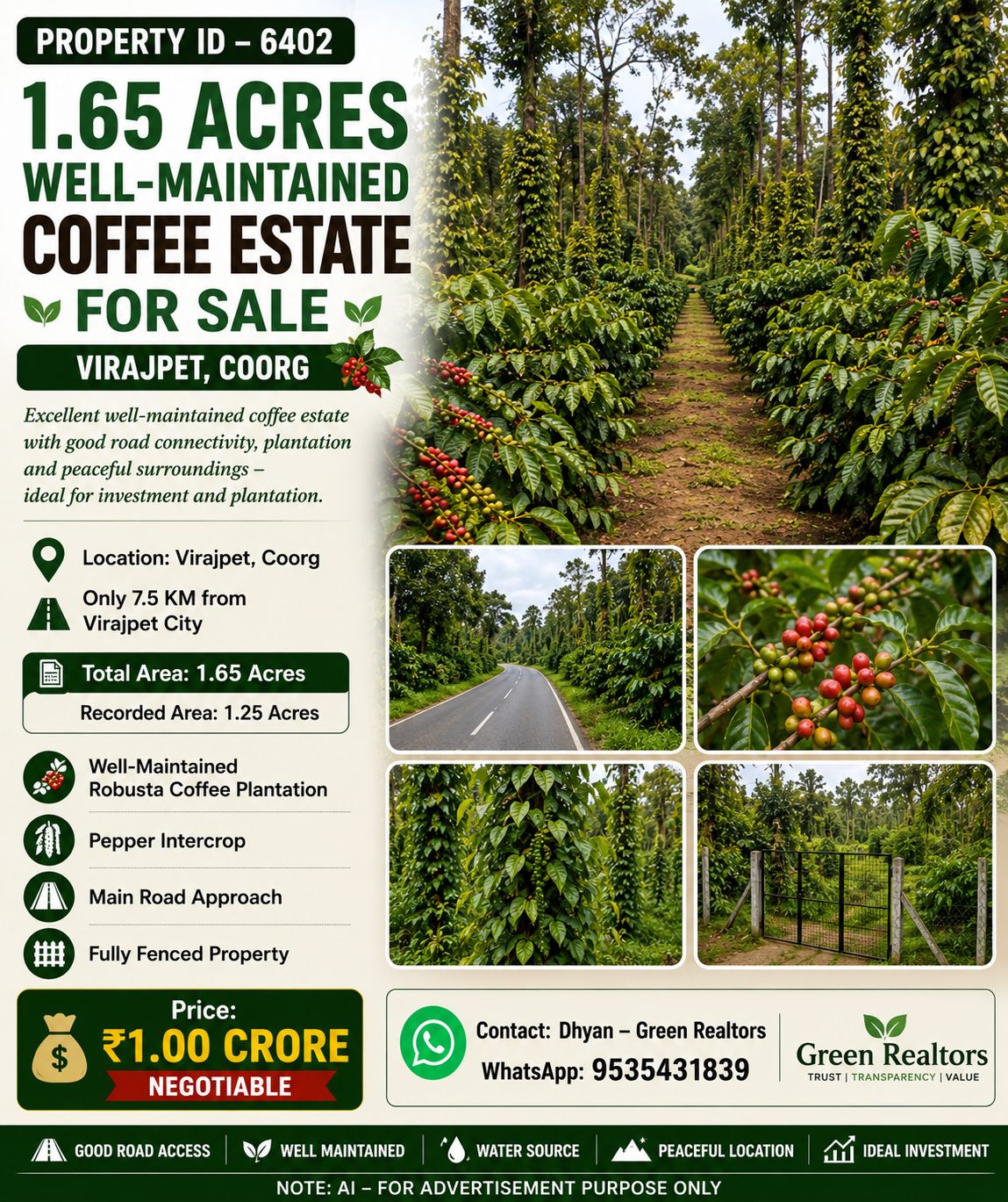 🆔 PROPERTY ID – 6402  ☕🌿 1.65 ACRES WELL-MAINTAINED COFFEE ESTATE FOR SALE – VIRAJPET, COORG🌿☕
